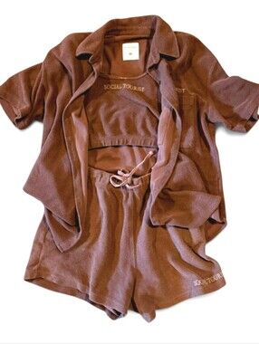 Hollisters Social Tourist Brown Terry Cloth Set Shirt/Bra Med Shorts Lrg EUC